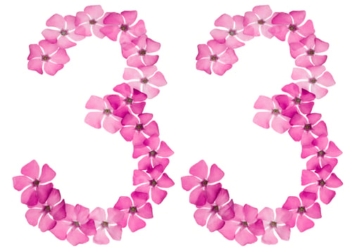 Preview: Numeral 33, thirty three, from natural pink flowers of periwinkle, isolated on white background