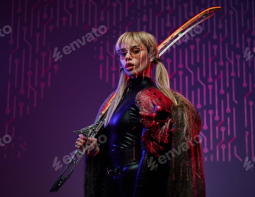 Preview: Cyberpunk style girl with fur and glowing sword
