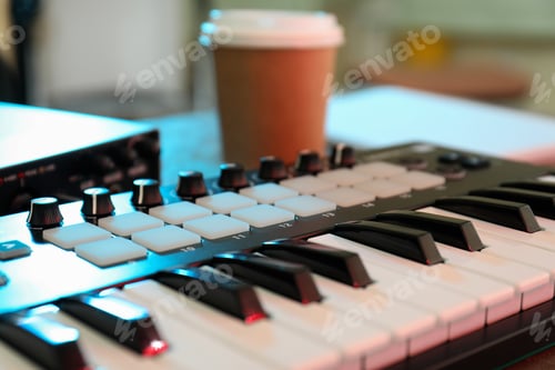 Preview: Musician workplace with midi keyboard, close up