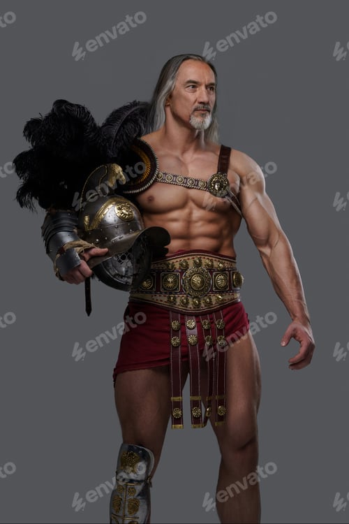 Preview: Mature muscular gladiator with grey beard lightweight armor