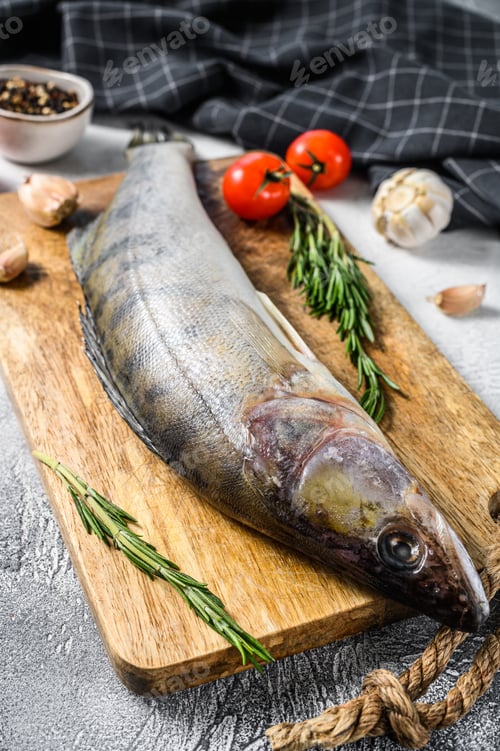 Preview: Zander, walleye with herbs. Raw fish. Gray background. Top view