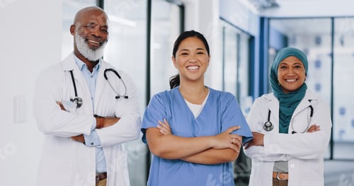 Preview: Diversity, doctors and student portrait in hospital with happy face working together as a team. You