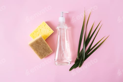Preview: Soap dropper, dishwashing liquid, dish soap, washcloth. Pink, yellow background