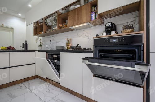 Preview: Large white and black luxury kitchen interior