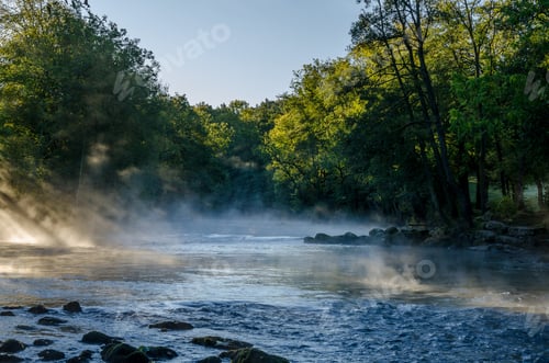 Preview: View of a beautiful landscape, with trees, water, morning light and mist.