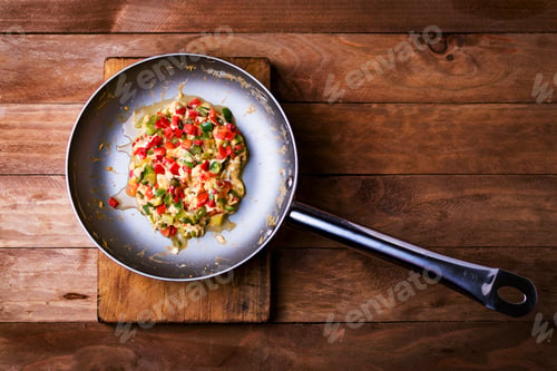 Preview: Sauteed vegetables and egg in a pan on wood.