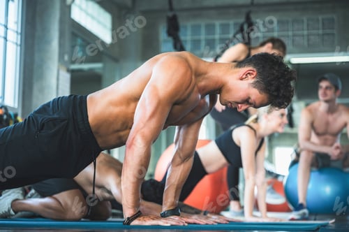 Preview: healthy man and woman person group exercise and training in sport fitness gym