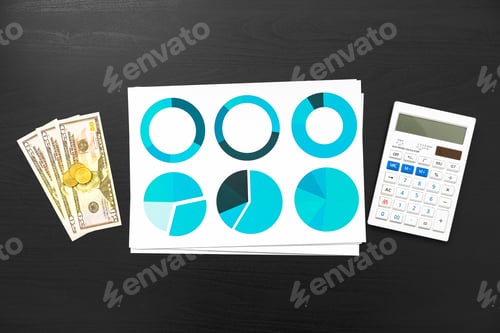 Preview: Top view of table with financial papers and calculator