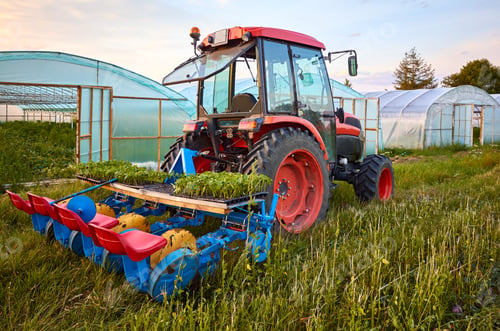 Preview: Manual seedling planter mounted to a tractor.