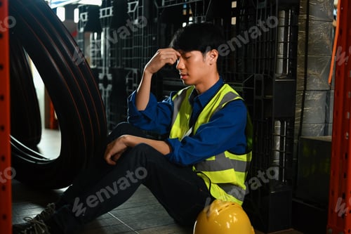 Preview: Exhausted male worker sitting alone in warehouse feeling stressed and tired from work