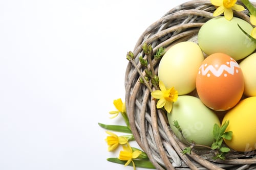 Preview: Colorful Easter eggs in decorative nest on white background, top view