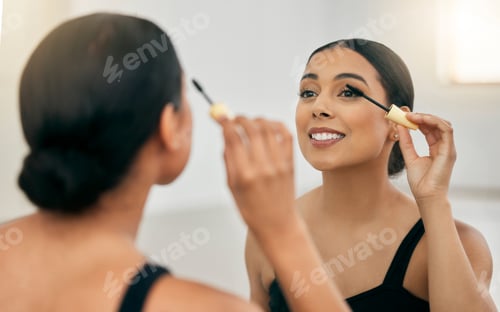 Preview: Ballerina, makeup and mascara in a mirror for beauty before a performance, recital or concert with