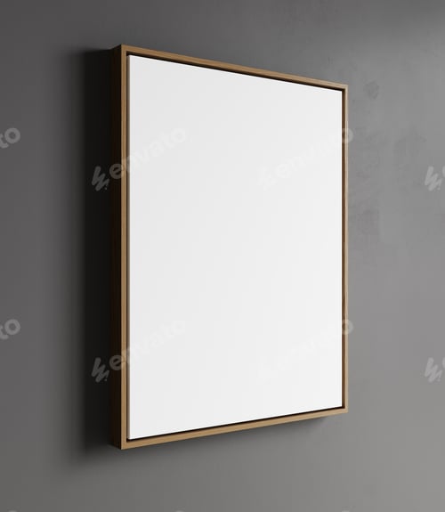 Preview: blank frame on gray wall mock up, vertical wooden poster frame on wall