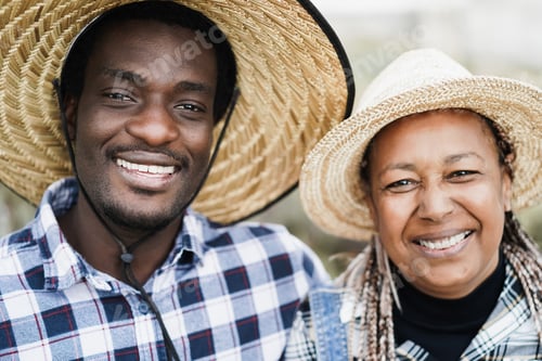 Preview: African farmers smiling on camera during harvest period - Focus on man face