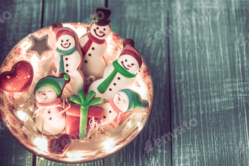 Preview: Festive new year gingerbread on a wooden background.