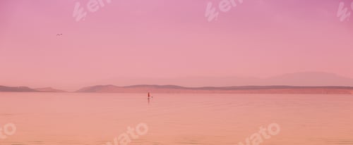 Preview: Unrecognizable woman stand-up paddle boarding at sea in sunrise, sport and recreational activity