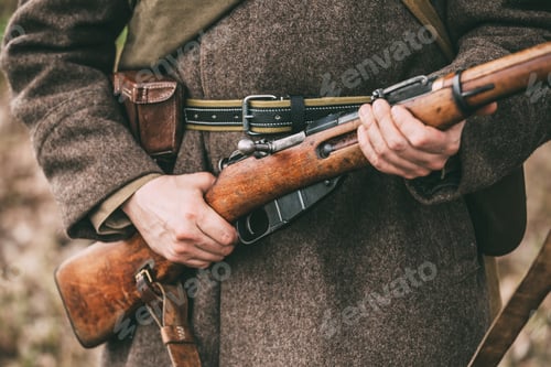 Preview: Russian Soviet Infantry Soldier Of World War II Holds Rifle Weap
