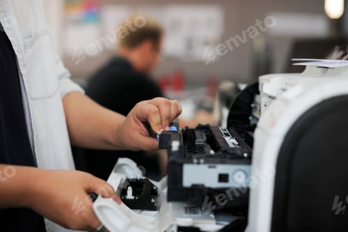 Preview: People Hands Opening Checking Printer in Office