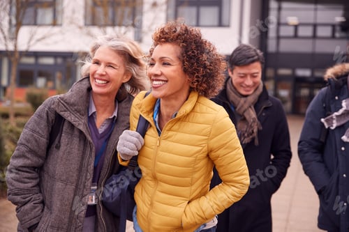 Preview: Group Of Smiling Mature Students Walking Outside College Building