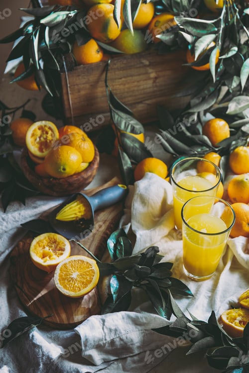 Preview: Fresh Orange Juice Still Life with Citrus