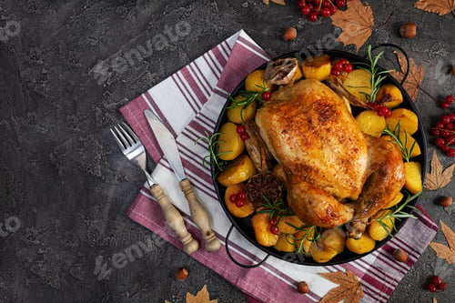Preview: Roasted chicken with potatoes. Autumn decoration Thanksgiving day. Baked whole chicken.