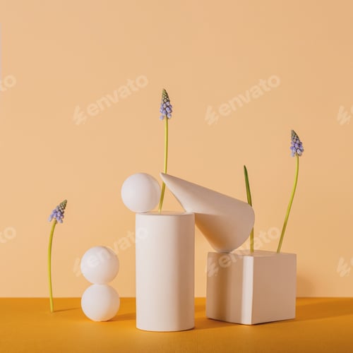 Preview: Spring modern still life with geometric shapes and blue muscari flowers on a neutral background.