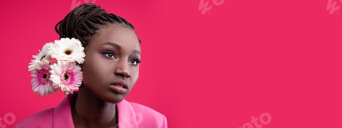 Preview: Young woman with braided hair and flowers posing against a pink backdrop