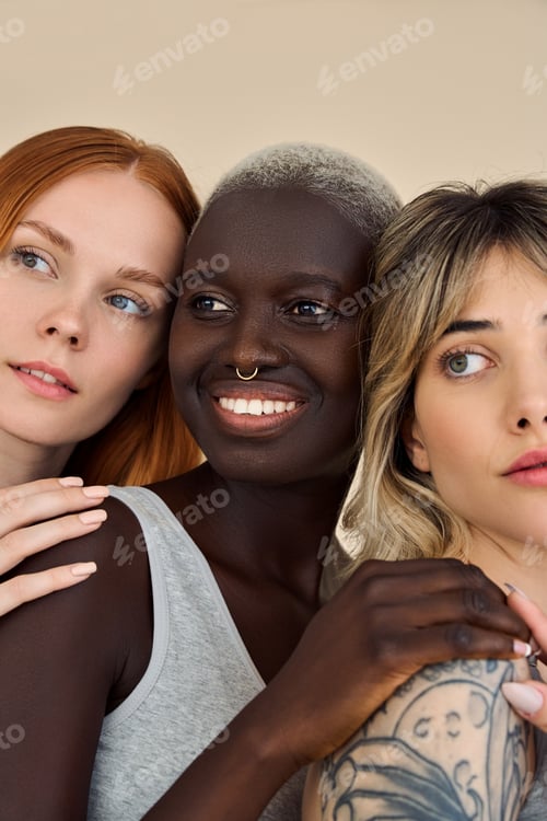 Preview: Three happy cool pretty gen z girls looking away, vertical beauty portrait.