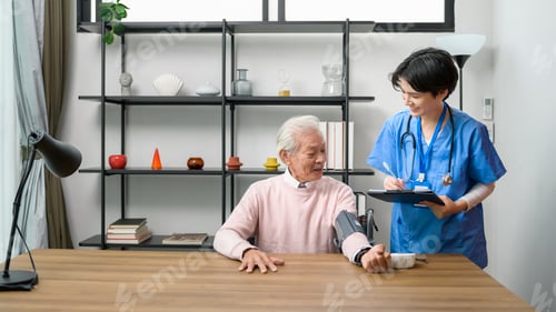 Preview: Senior Man Getting Blood Pressure Checked at Home
