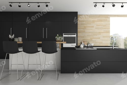 Preview: 3d rendering black kitchen and minimal decoration