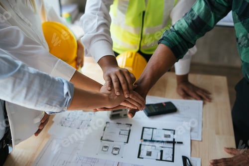 Preview: Construction workers, architects and engineers shake hands after completing an agreement in an