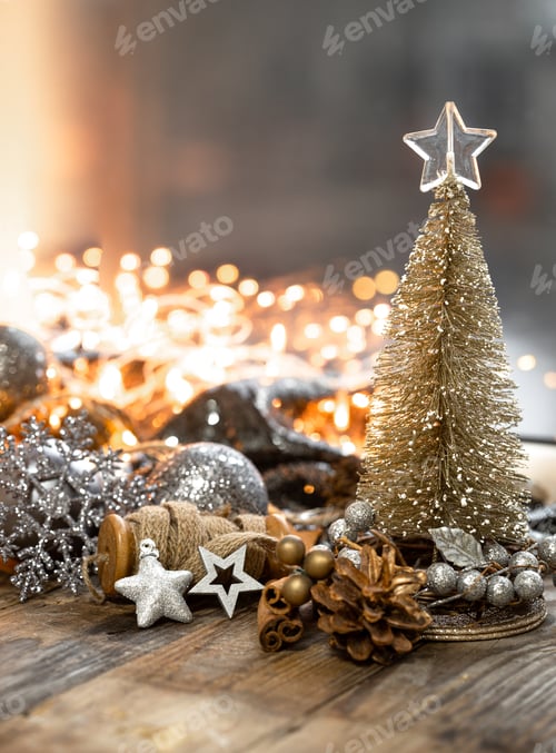 Preview: Christmas background with decorative fir tree on blurred background with bokeh.