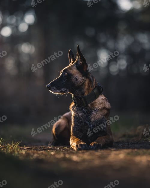 Preview: Vertical shot of a Belgian Malinois sitting in the forest