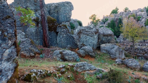 Preview: Picturesque rock formations with lush green pine trees at mountain valley.