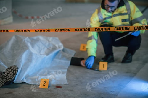 Preview: Male detective is collecting evidence in a crime scene near dead body on the construction site