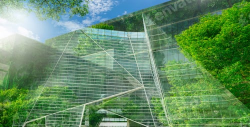 Preview: Sustainble green building. Eco-friendly building. Sustainable glass office building with tree