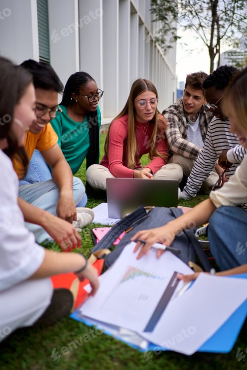 Preview: Group of young international students sitting on the grass outside the university building