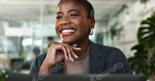 Preview: Business, woman and happy with thinking in office for problem solving, financial solution and inves