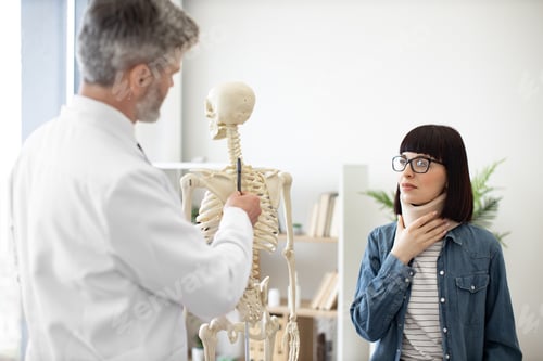Preview: Lady in C collar visiting doctor in clinic for consultation
