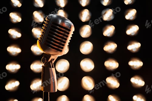 Preview: Vintage mic against dark sparkling bokeh backdrop.