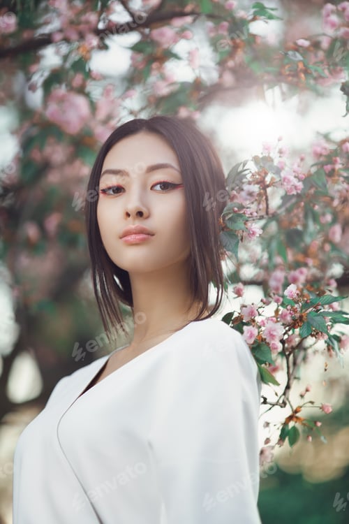 Preview: Asian woman outdoors on spring against flower blossom