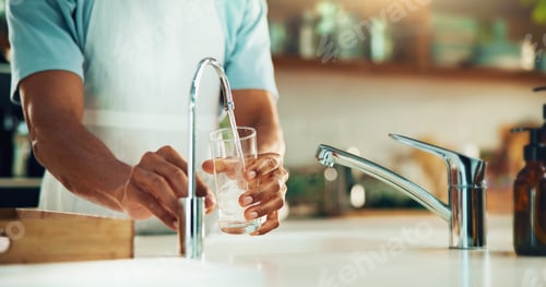 Preview: Person, kitchen and hands with glass of water in tap for fresh drink, liquid and hydration. Sink cl