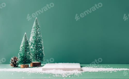 Visualização: Vitrine festiva minimalista de cenas vazias para produtos, fundo verde, brinquedos de Natal para árvores, neve