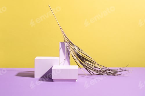 Preview: Creative modern podium various geometric shapes, dry plant branch, yellow lilac empty background