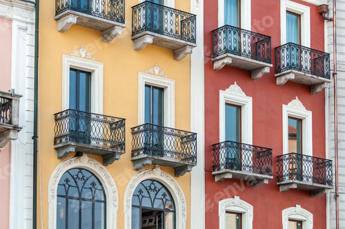 Preview: Windows and balconies detail, Piazza Grande, Locarno, Locarno District, Ticino, Switzerland