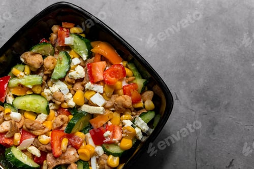 Preview: BBright vegetable salad with chicken on a gray background close up.