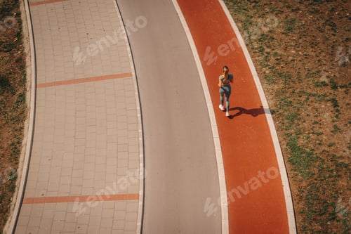 Preview: Young sporty woman running on a red track in a city park, aerial view