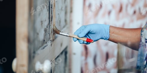 Preview: hand holding a brush applying varnish paint on a wooden door