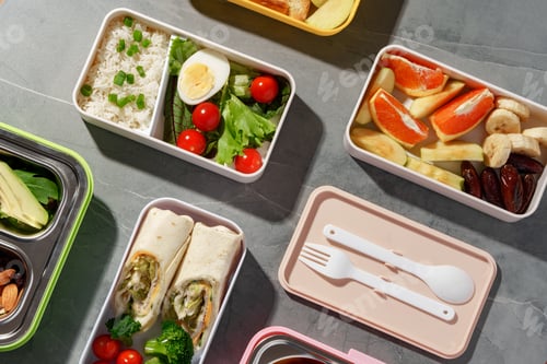 Preview: Containers with healthy food on gray background top view.