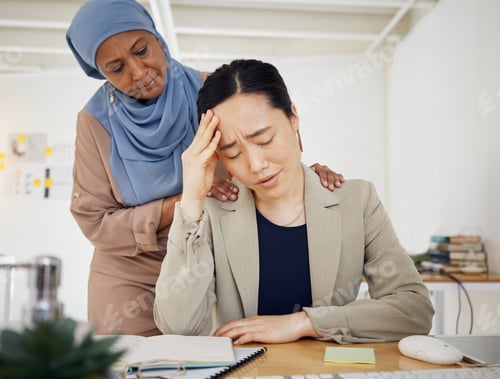 Preview: Stress, depression and a business woman with empathy, support and help in office. Burnout, fired an